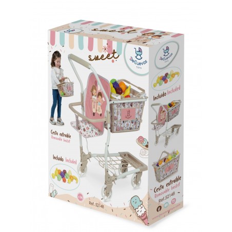 DeCuevas Toys Carrello Supermercato Sweet 52148 Con Accessori E Marsupio - Altezza 66 Cm, Per Bambole (Non Incluse)